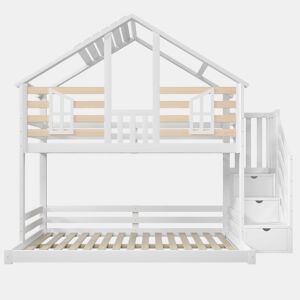 Beliche 90x200cm+140x200cm - design casinha, janela, escada com prateleira - branco + natural