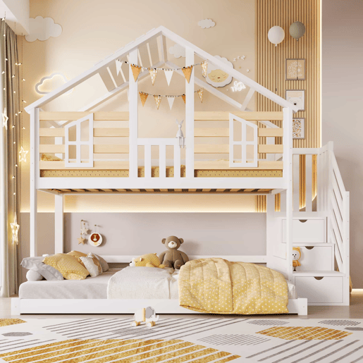 Beliche 90x200cm+140x200cm - design casinha, janela, escada com prateleira - branco + natural