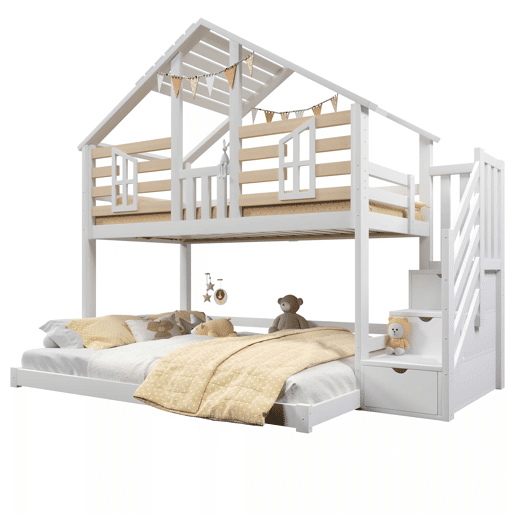 Beliche 90x200cm+140x200cm - design casinha, janela, escada com prateleira - branco + natural