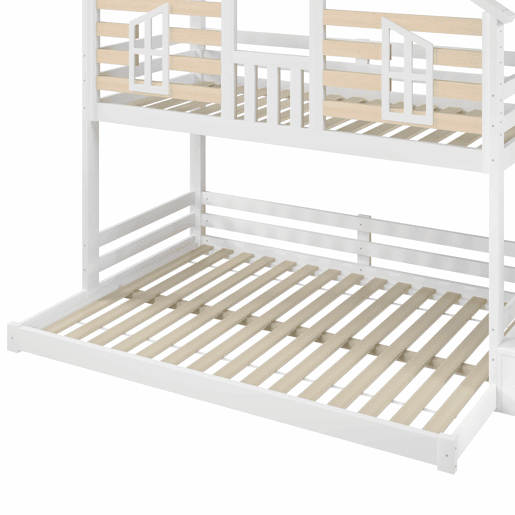 Beliche 90x200cm+140x200cm - design casinha, janela, escada com prateleira - branco + natural