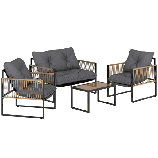 Outsunny Conjunto de Jardim Exterior de Vime Móveis de Jardim de 4 Peças Móveis de Terraço com 1 Sofá de 2 Lugares 2 Poltronas Almofadas e 1 Mesa com Tampo de Vidro para Pátio Cinzento e Castanho