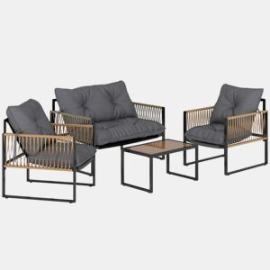 Outsunny Conjunto de Jardim Exterior de Vime Móveis de Jardim de 4 Peças Móveis de Terraço com 1 Sofá de 2 Lugares 2 Poltronas Almofadas e 1 Mesa com Tampo de Vidro para Pátio Cinzento e Castanho