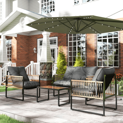 Outsunny Conjunto de Jardim Exterior de Vime Móveis de Jardim de 4 Peças Móveis de Terraço com 1 Sofá de 2 Lugares 2 Poltronas Almofadas e 1 Mesa com Tampo de Vidro para Pátio Cinzento e Castanho