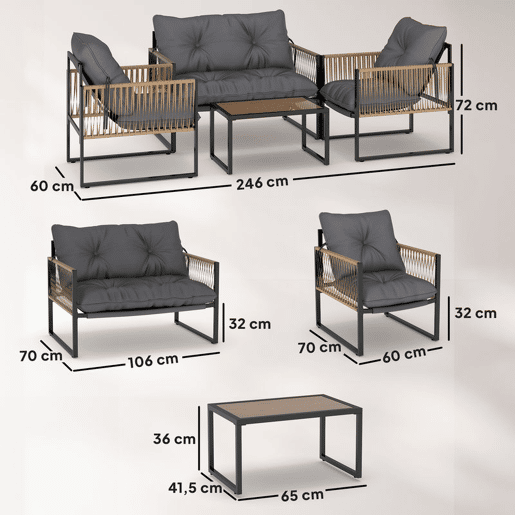 Outsunny Conjunto de Jardim Exterior de Vime Móveis de Jardim de 4 Peças Móveis de Terraço com 1 Sofá de 2 Lugares 2 Poltronas Almofadas e 1 Mesa com Tampo de Vidro para Pátio Cinzento e Castanho