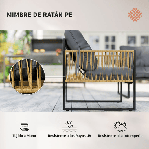 Outsunny Conjunto de Jardim Exterior de Vime Móveis de Jardim de 4 Peças Móveis de Terraço com 1 Sofá de 2 Lugares 2 Poltronas Almofadas e 1 Mesa com Tampo de Vidro para Pátio Cinzento e Castanho