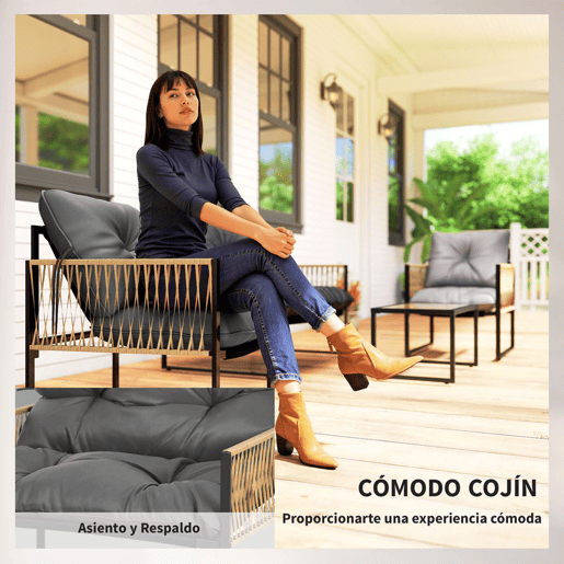 Outsunny Conjunto de Jardim Exterior de Vime Móveis de Jardim de 4 Peças Móveis de Terraço com 1 Sofá de 2 Lugares 2 Poltronas Almofadas e 1 Mesa com Tampo de Vidro para Pátio Cinzento e Castanho