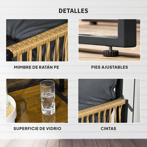 Outsunny Conjunto de Jardim Exterior de Vime Móveis de Jardim de 4 Peças Móveis de Terraço com 1 Sofá de 2 Lugares 2 Poltronas Almofadas e 1 Mesa com Tampo de Vidro para Pátio Cinzento e Castanho