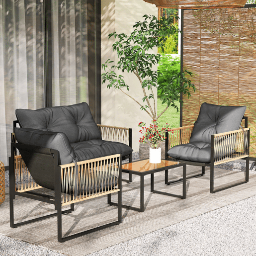 Outsunny Conjunto de Jardim Exterior de Vime Móveis de Jardim de 4 Peças Móveis de Terraço com 1 Sofá de 2 Lugares 2 Poltronas Almofadas e 1 Mesa com Tampo de Vidro para Pátio Cinzento e Castanho