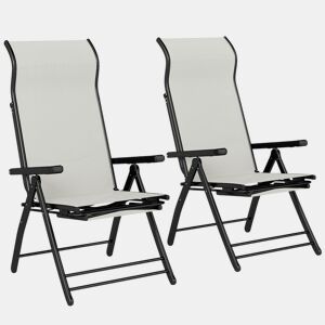 Outsunny Conjunto de 2 Cadeiras Dobráveis Reclináveis Cadeiras de Jardim com Encosto Alto Curvo Ajustável em 5 Posiçõe, Apoio para Pés Retrátil e Estrutura de Metal para Pátio Praia Cinza Claro