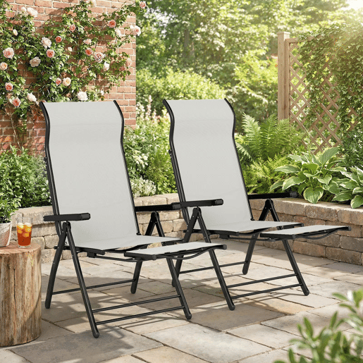Outsunny Conjunto de 2 Cadeiras Dobráveis Reclináveis Cadeiras de Jardim com Encosto Alto Curvo Ajustável em 5 Posiçõe, Apoio para Pés Retrátil e Estrutura de Metal para Pátio Praia Cinza Claro