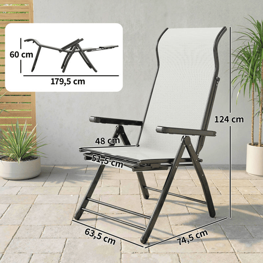 Outsunny Conjunto de 2 Cadeiras Dobráveis Reclináveis Cadeiras de Jardim com Encosto Alto Curvo Ajustável em 5 Posiçõe, Apoio para Pés Retrátil e Estrutura de Metal para Pátio Praia Cinza Claro