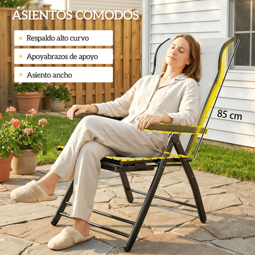 Outsunny Conjunto de 2 Cadeiras Dobráveis Reclináveis Cadeiras de Jardim com Encosto Alto Curvo Ajustável em 5 Posiçõe, Apoio para Pés Retrátil e Estrutura de Metal para Pátio Praia Cinza Claro