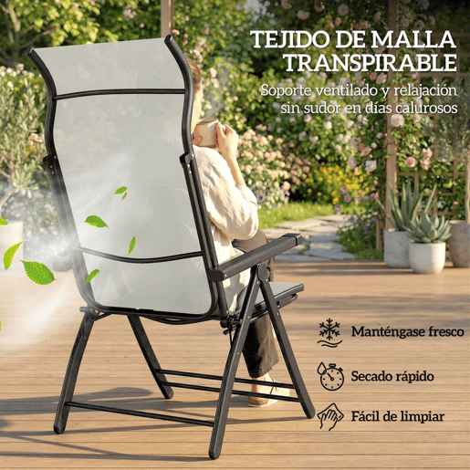 Outsunny Conjunto de 2 Cadeiras Dobráveis Reclináveis Cadeiras de Jardim com Encosto Alto Curvo Ajustável em 5 Posiçõe, Apoio para Pés Retrátil e Estrutura de Metal para Pátio Praia Cinza Claro
