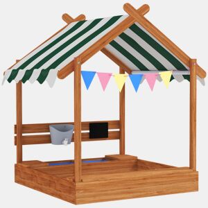 Outsunny Caixa de Areia para Crianças de Madeira em Forma de Casa com 2 Assentos Toldo 6 Bandeirolas 2 Bandejas Removíveis Torneira e Quadro para Jardim 124x116x146 cm Madeira