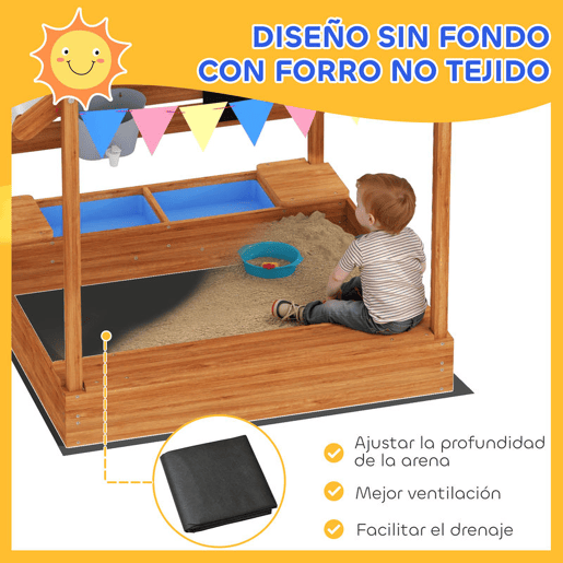 Outsunny Caixa de Areia para Crianças de Madeira em Forma de Casa com 2 Assentos Toldo 6 Bandeirolas 2 Bandejas Removíveis Torneira e Quadro para Jardim 124x116x146 cm Madeira
