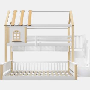 Beliche 90x200cm+140x200cm - Com LED, Design de casa com janela, Prateleiras abertas, Escada de armazenamento, Sem colchão - Branco+Natural