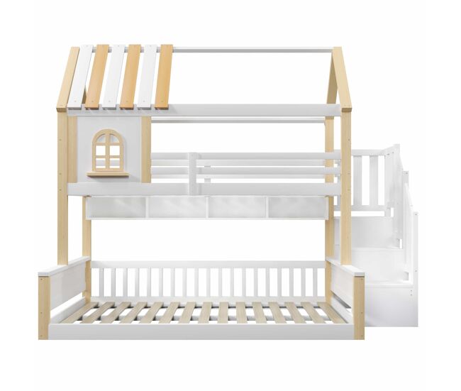 Litera 90x200cm+140x200cm - con led, diseño de casa con ventana, estantes abiertos, escalera de almacenamiento, sin colchón - blanco+natural
