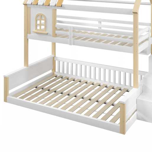 Beliche 90x200cm+140x200cm - Com LED, Design de casa com janela, Prateleiras abertas, Escada de armazenamento, Sem colchão - Branco+Natural