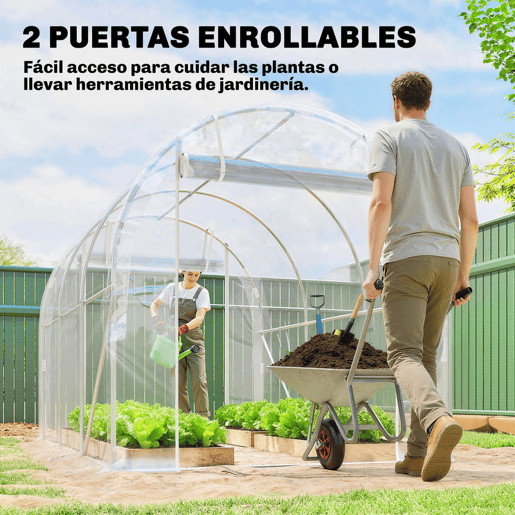Outsunny Estufa tipo Túnel 195x295x195 cm Estufa de Exterior com 2 Portas Enroláveis Estrutura de Aço Galvanizado e Cobertura em PE 150gm² Anti-UV Impermeável para Cultivos Transparente