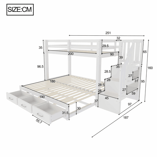 Beliche 90180x200 cm - com escada com gavetas, cama extensível, cama juvenil, estrado de madeira - branco
