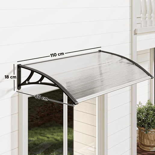 Outsunny Cobertura Exterior para Portas e Janelas, 110x60 cm, Proteção contra Sol e Chuva, com Painel de Policarbonato, Suportes de PP e Barra de Alumínio, Preto e Transparente