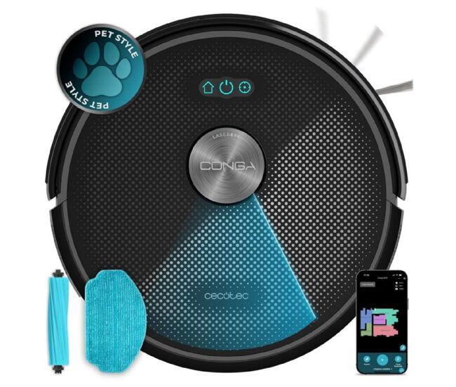 Cecotec robot aspirador y friegasuelos conga m70. navegación láser, 20000pa de presión de succión, batería de 4500 mah