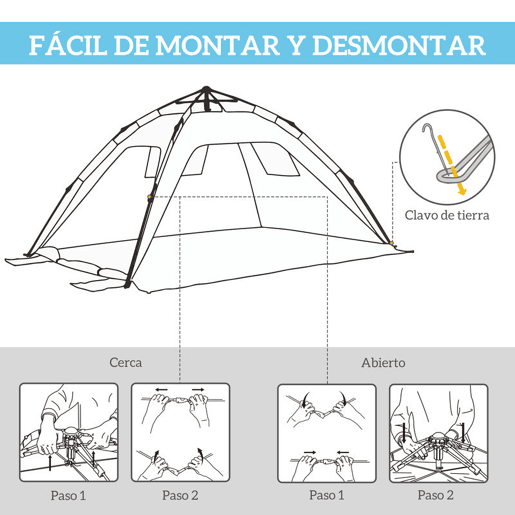 Outsunny Tenda de Praia Dobrável Abrigo de Praia Pop-up para 1-2 Pessoas com Proteção UV Impermeável Bolsa de Transporte para Parque Campismo 220x173x120 cm Azul Claro