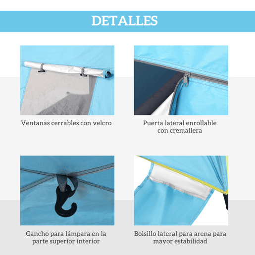Outsunny Tenda de Praia Dobrável Abrigo de Praia Pop-up para 1-2 Pessoas com Proteção UV Impermeável Bolsa de Transporte para Parque Campismo 220x173x120 cm Azul Claro