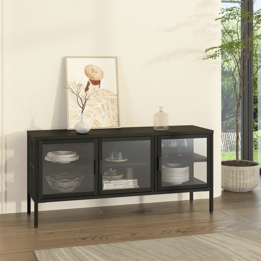 Aparador de vitrinas Borshavisa 3 portas vidro transparente 118x35x55 cm preto en.casa