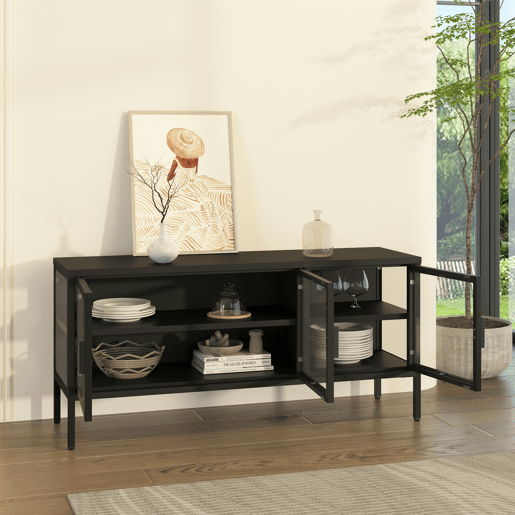 Aparador de vitrinas Borshavisa 3 portas vidro transparente 118x35x55 cm preto en.casa