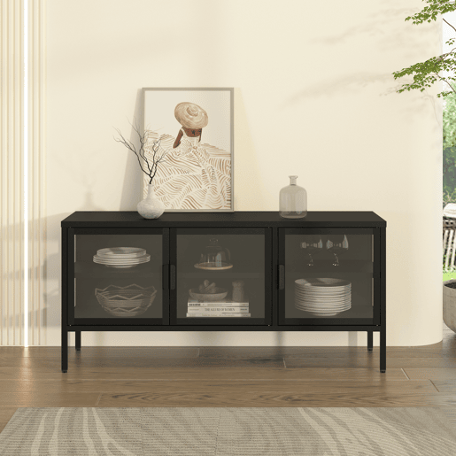 Aparador de vitrinas Borshavisa 3 portas vidro transparente 118x35x55 cm preto en.casa