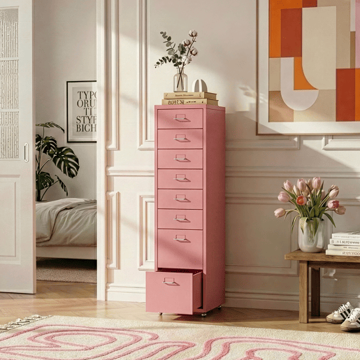 Armário de gavetas móvel Kökar com 8 gavetas 109x28x41 cm rosa en.casa Armário de gavetas móvel Kökar com 8 gavetas 109x28x41 cm rosa en.casa