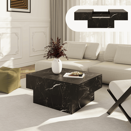 Mesa de centro Lens extensível 80x60x36 cm Aspeto de mármor preto en.casa