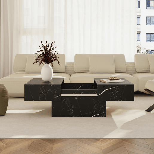 Mesa de centro Lens extensível 80x60x36 cm Aspeto de mármor preto en.casa