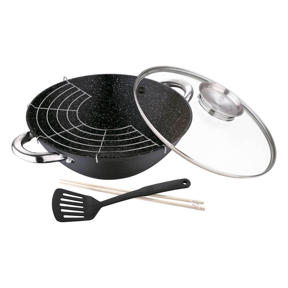 Renberg wok ø28x9,4cm con revestimiento de mármol en hierro fundido y tapa de vidrio con 2 utensilios de cocina y rejilla grill