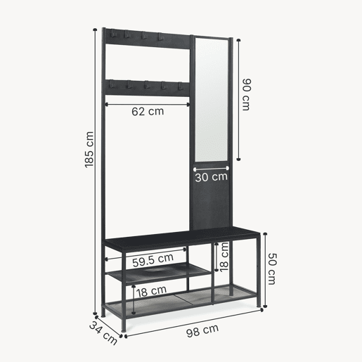 Bengaleiro Napinerg com espelho e sapateira 185x98x34 cm Preto en.casa