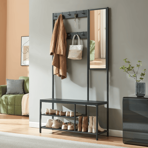 Bengaleiro Napinerg com espelho e sapateira 185x98x34 cm Preto en.casa