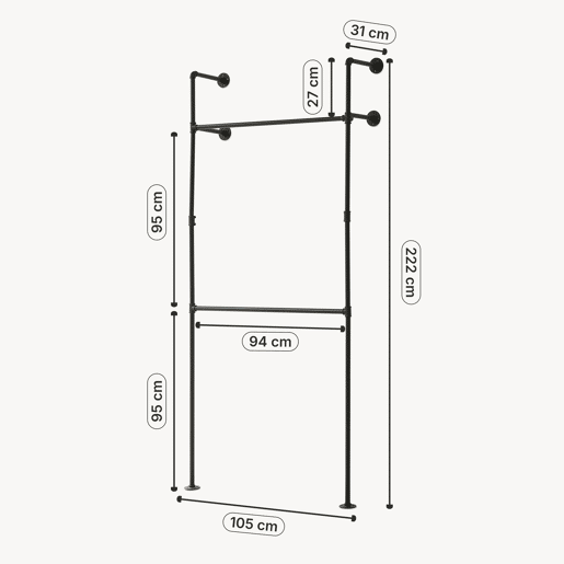 Suporte de parede para varão de roupa Kenävatka 222x105x31 cm aço preto en.casa Suporte de parede para varão de roupa Kenävatka 222x105x31 cm aço preto en.casa