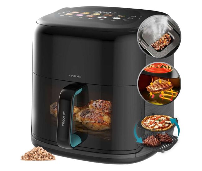 Freidora de aire - Cecotec Cecofry&Grill Smokin'Prime 8500, 8,5L, Plancha, Grill, Doble Resistencia, Ahumador integrado, 40-200°C, 10 Menús, Negro