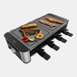 Cecotec Raclette de queijo e grill de 1400 W com grelha superior mista e com acabamentos em aço inoxidável.