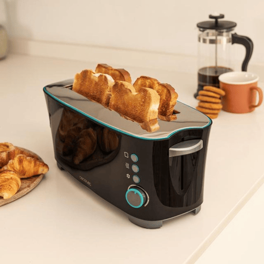 Cecotec Torradeira de pão de duas ranhuras largas e compridas com capacidade para duas torradas.