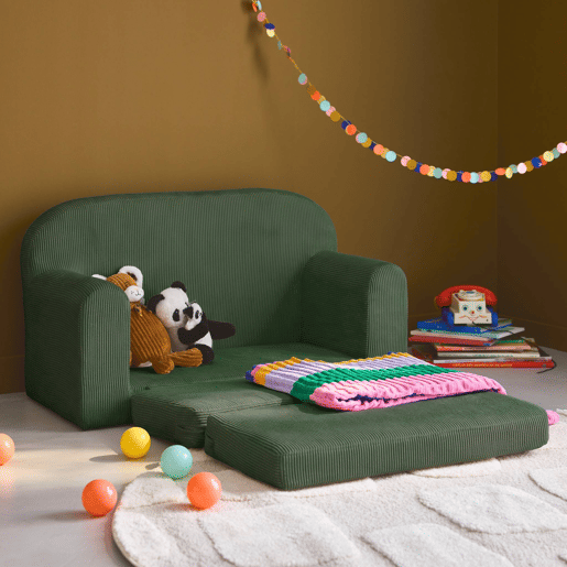 Sofá cama infantil em veludo cotelê desdobrável Verde caqui - 90x43x51.5 cm