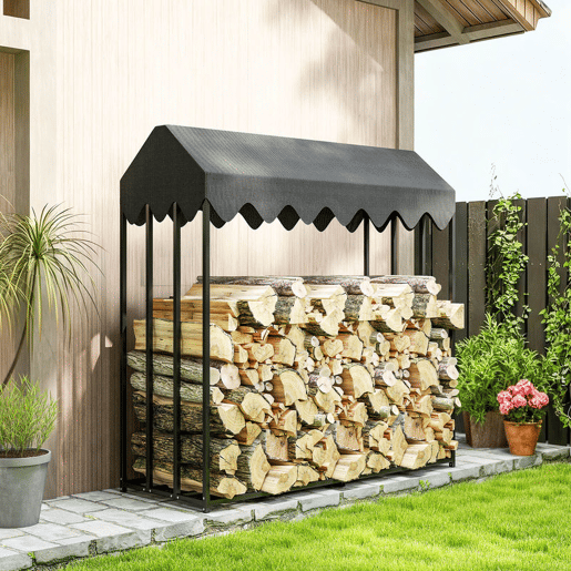 Outsunny Suporte de Lenha Metálico para Exterior, 186x70x185 cm, com Cobertura Impermeável 600D Oxford, Estrutura de Aço, para Lareiras, Jardim e Terraços