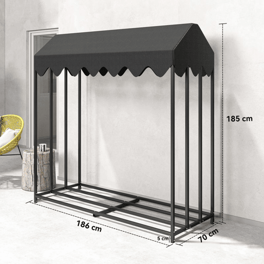 Outsunny Suporte de Lenha Metálico para Exterior, 186x70x185 cm, com Cobertura Impermeável 600D Oxford, Estrutura de Aço, para Lareiras, Jardim e Terraços