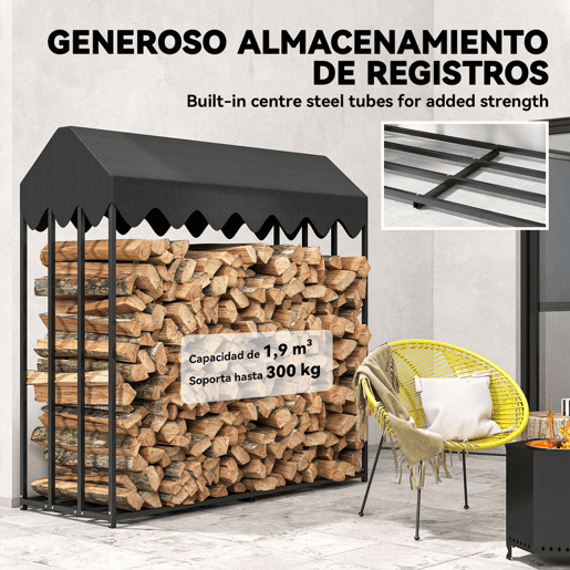 Outsunny Suporte de Lenha Metálico para Exterior, 186x70x185 cm, com Cobertura Impermeável 600D Oxford, Estrutura de Aço, para Lareiras, Jardim e Terraços