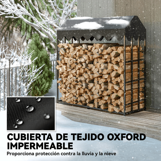 Outsunny Suporte de Lenha Metálico para Exterior, 186x70x185 cm, com Cobertura Impermeável 600D Oxford, Estrutura de Aço, para Lareiras, Jardim e Terraços