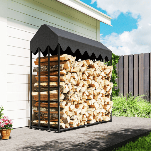 Outsunny Suporte de Lenha Metálico para Exterior, 186x70x185 cm, com Cobertura Impermeável 600D Oxford, Estrutura de Aço, para Lareiras, Jardim e Terraços