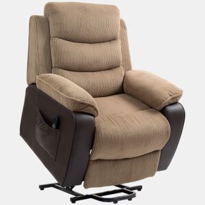 HOMCOM Poltrona Elétrica Reclinável e Elevatória, com Porta USB, Assento Largo 60 cm, Controlo Remoto, Apoio para os Pés, Estofos em Veludo e Couro, Bolsos Laterais, Castanho