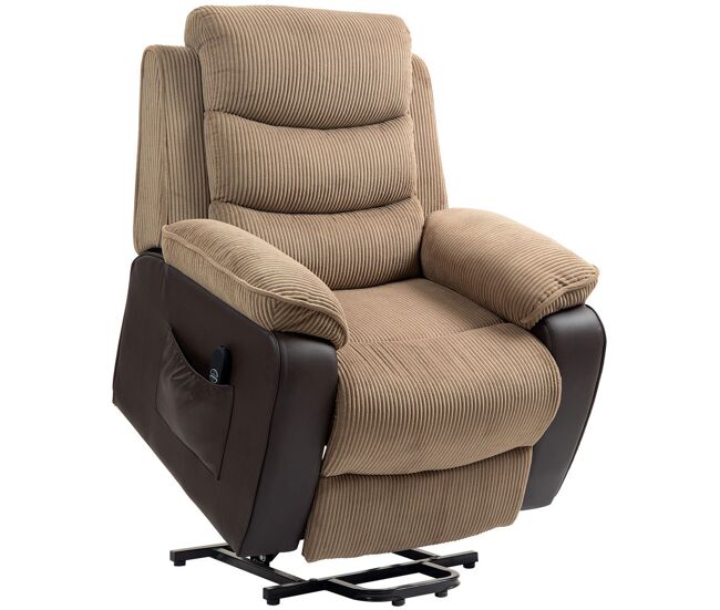 Homcom sillón relax reclinable eléctrico levanta personas mayores, sillón elevador, con puerto usb, asiento ancho 60 cm, control remoto, reposapiés, tapizado en pana y cuero, bolsillos, marrón
