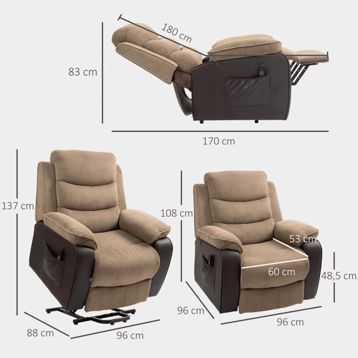 HOMCOM Poltrona Elétrica Reclinável e Elevatória, com Porta USB, Assento Largo 60 cm, Controlo Remoto, Apoio para os Pés, Estofos em Veludo e Couro, Bolsos Laterais, Castanho